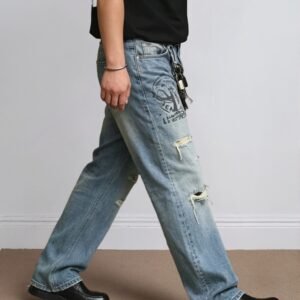 Men's Graphic Print Distressed Relaxed Fit Jeans | Light Blue Big & Tall Streetwear Hover Image