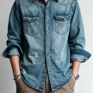 Men's Vintage Distressed Western Denim Shirt | Long Sleeve Washed Jean Shirt