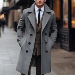 Men's Double Breasted Woolen Coat | Classic Long Fall & Winter Overcoat Hover Image