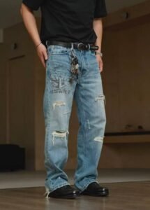 Men's Graphic Print Distressed Relaxed Fit Jeans | Light Blue Big & Tall Streetwear