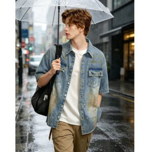 Men's Oversized Vintage Denim Shirt | Distressed Short Sleeve Streetwear Top
